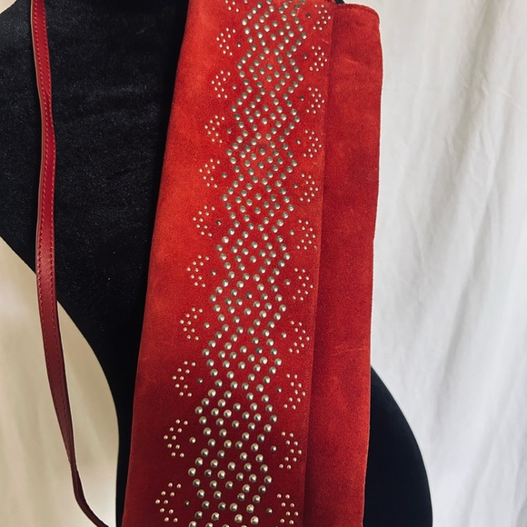 Red Suede Clutch with Intricate Decorative Band - Picture 2 of 8
